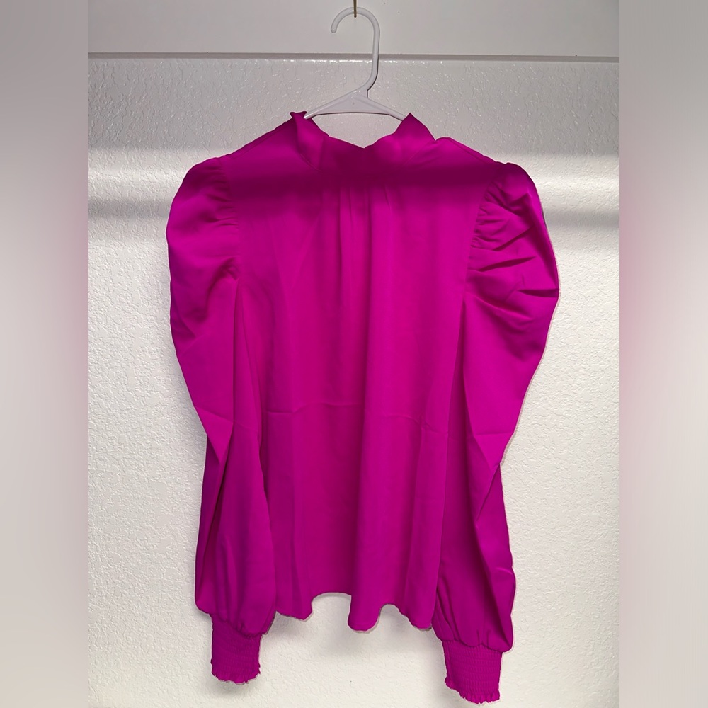 Long Sleeve Hot Pink Blouse with Bow Back Tie